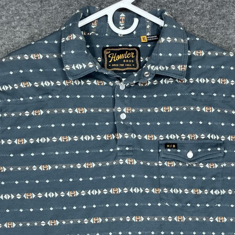 Howler Brothers Polo Shirt Mens XL Blue Pearl Snap Southwestern Cowboy Aztec